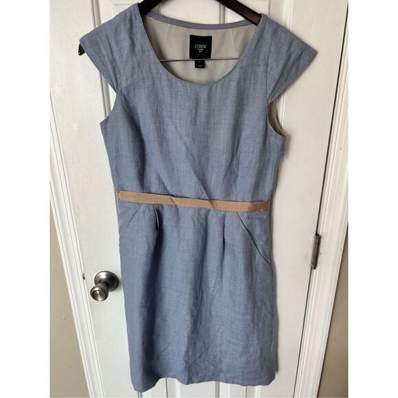 J. Crew Womens Sheath Linen Dress Round Neck Lined Cap Sleeves Ribbon Waist Sz 4 - Picture 1 of 6